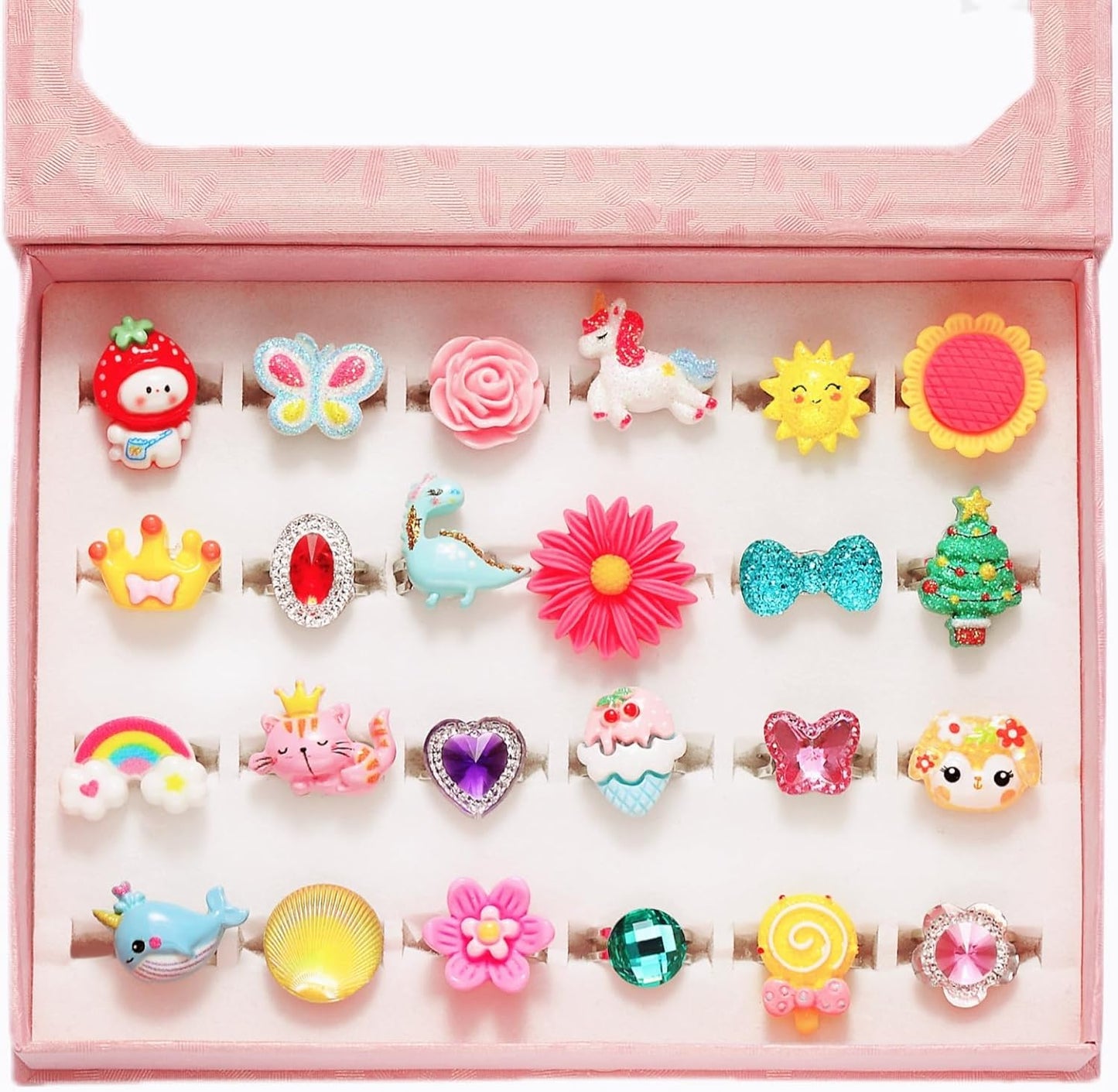 Little Girl Jewel Rings in Box, Adjustable, No Duplication, Girl Pretend Play and Dress Up Rings (24 Lovely Ring)