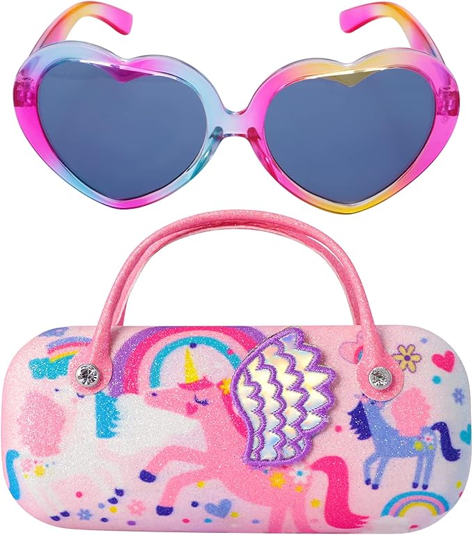 Sunglasses for Girls, Baby Kids Polarized Sunglass with Case, Unicorn Heart Glasses UV400 Protection Plastic Frame