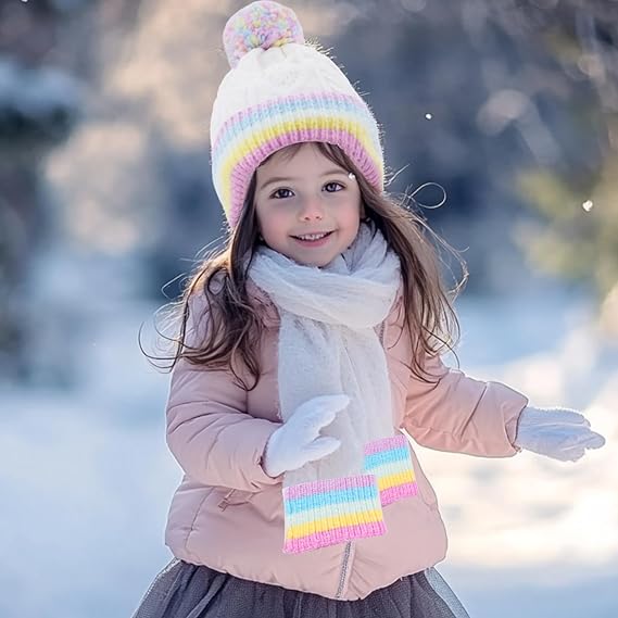 Toddler Winter Hat and Toddler Scarf: Rainbow Beanie Kids with Kids Scarf Soft and Warm, Girls Winter Hats for Kids Ages 3-8, Fashion Girls Accessories