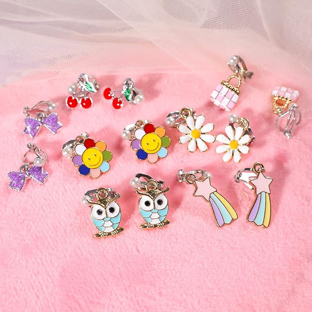 PinkSheep Clip On Earrings for Little Girls Kids Jewelry 12 Pairs Gift for 4/5/6/7/9/10 Years Old Unicorn Cat Flower Earring (classic)