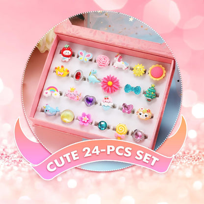 Little Girl Jewel Rings in Box, Adjustable, No Duplication, Girl Pretend Play and Dress Up Rings (24 Lovely Ring)