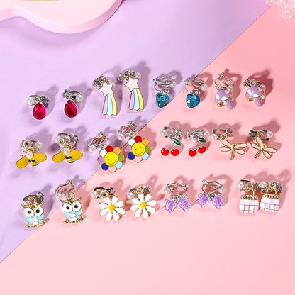 PinkSheep Clip On Earrings for Little Girls Kids Jewelry 12 Pairs Gift for 4/5/6/7/9/10 Years Old Unicorn Cat Flower Earring (classic)