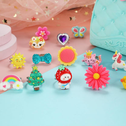 Little Girl Jewel Rings in Box, Adjustable, No Duplication, Girl Pretend Play and Dress Up Rings (24 Lovely Ring)