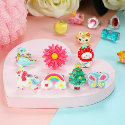 Little Girl Jewel Rings in Box, Adjustable, No Duplication, Girl Pretend Play and Dress Up Rings (24 Lovely Ring)